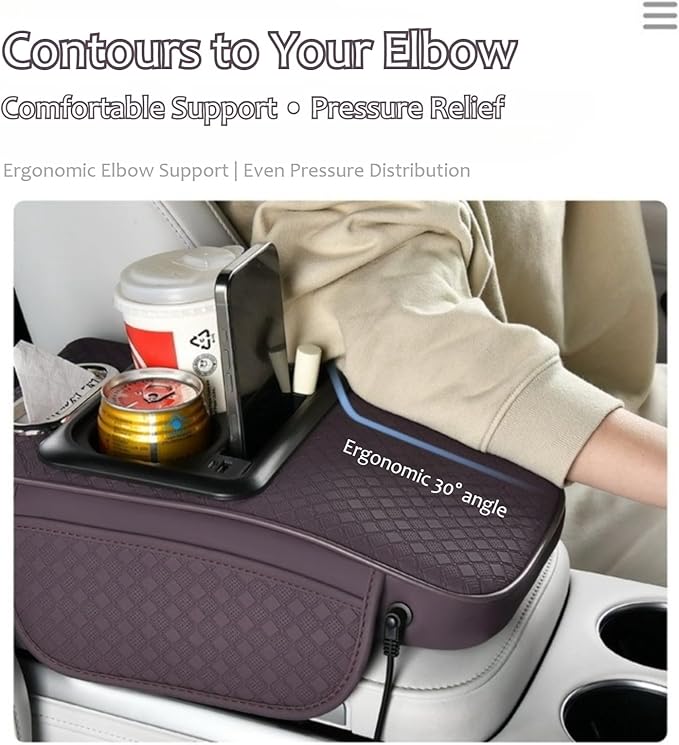 2026 Enhanced Car Center Console Armrest Cushion with USB& Type-C Charging, PU Leather Console Pad with Cup Holders, Storage& Tissue Outlet for Most Vehicles (Flat Version, Red)