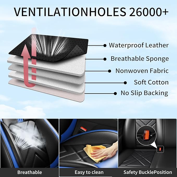 Car Seat Covers Compatible with Mazda 6 2007-2021, Full Coverage Premium Leather Waterproof Breathable Seat Covers, Automotive Seat Protectors, Airbag Compatible(2 Front Seats, Black-Blue)