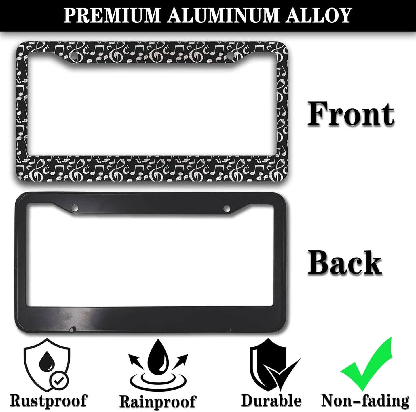 License Plate Cover for Car Black and White License Plate Frames Music Musical Note Aluminum Metal Car Accessory 2 Pack with Screw Covers Set