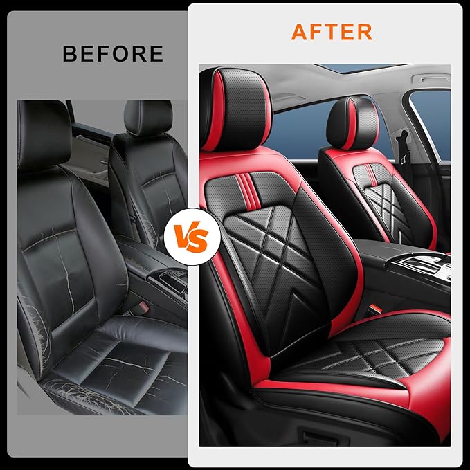 Car Seat Covers Fit for Mazda 3 2007-2026, Premium Leather, Full Coverage Leather Waterproof Breathable Seat Covers, Automotive Seat Protectors, Airbag Compatible(2 Front Seats, Black & Red)