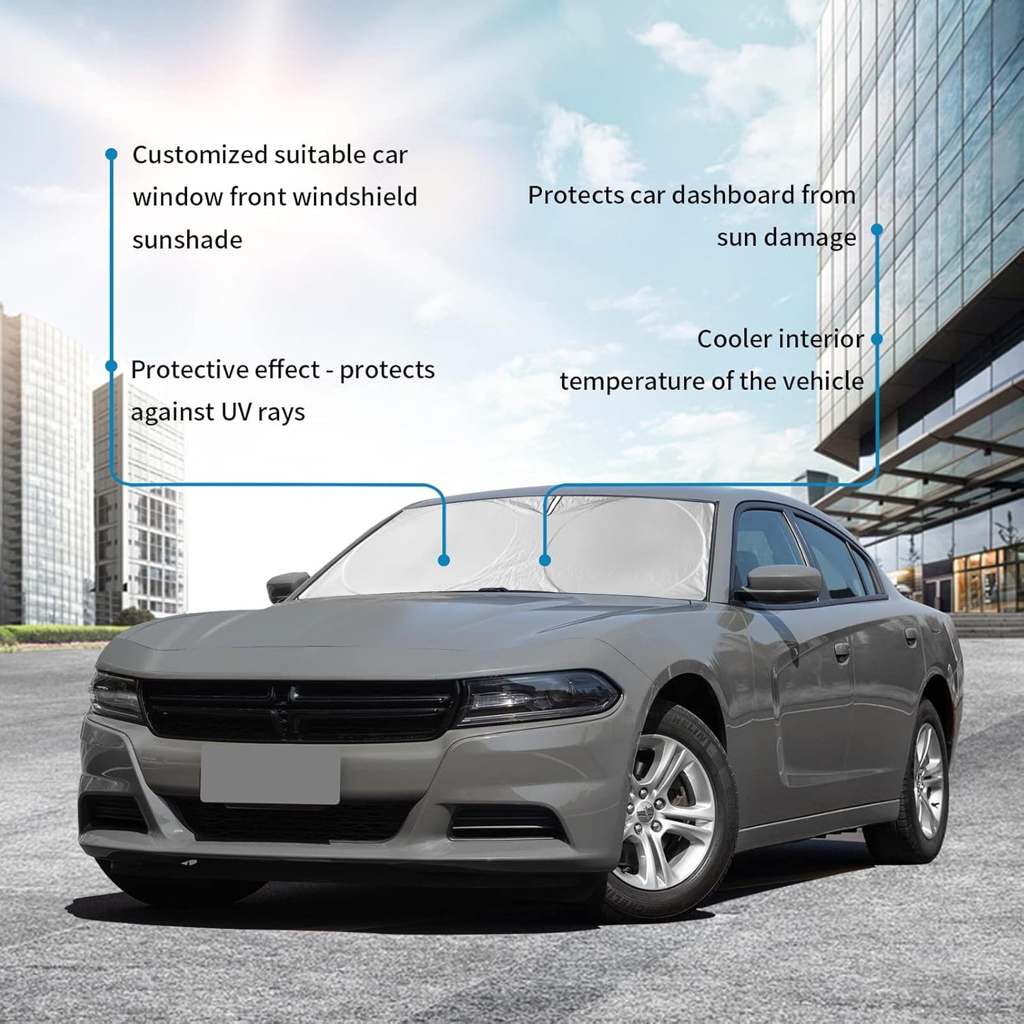 Windshield Sun Shade for 2015-2024 2025 Dodge Challenger Accessories Front Window Sunshade with 210T Sun Visor Protector Blocks UV Rays Heat Sun Shield Keep Car Cooler