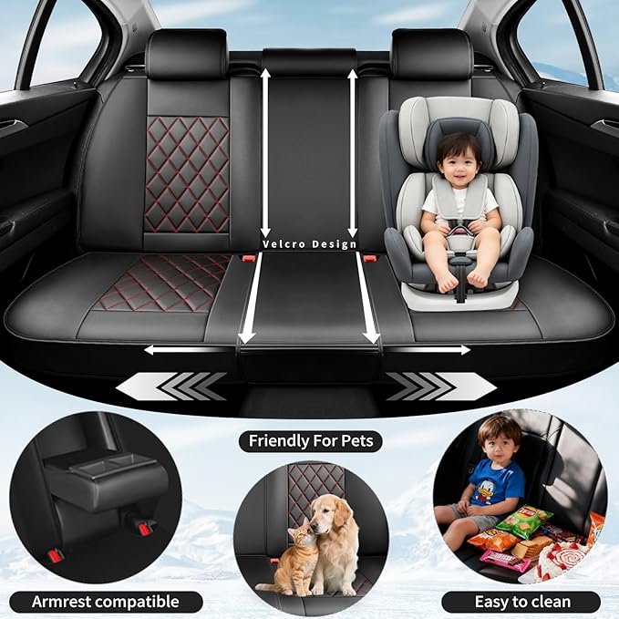 Fit HRV Car Seat Covers Compatible with Honda HRV 2016-2025 2026, Premium Leather Breathable, Wear Resistant, Airbag Compatible, All-Weather Protection & Full Coverage, Full Set Red Line Black