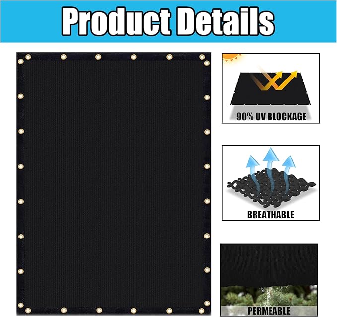 Amagenix 90% Shade Fabric 11'X 15' Black Sun Shade Cloth with Grommets for Pergola Replacement Shade Cover Canopy, Heavy Duty, Cable Zip Ties Included (We Customized)