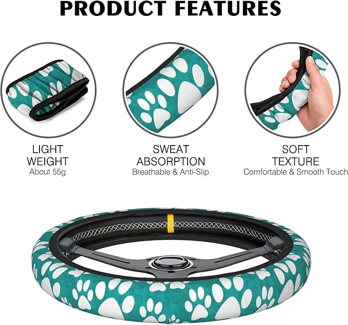 Dog Paw Prints Steering Wheel Covers Universal 15 Inch Car Wheel Cover,Anti-Slip Breathable Car Accessories Protector Fit for Trucks,Sedans,SUVs,Vans