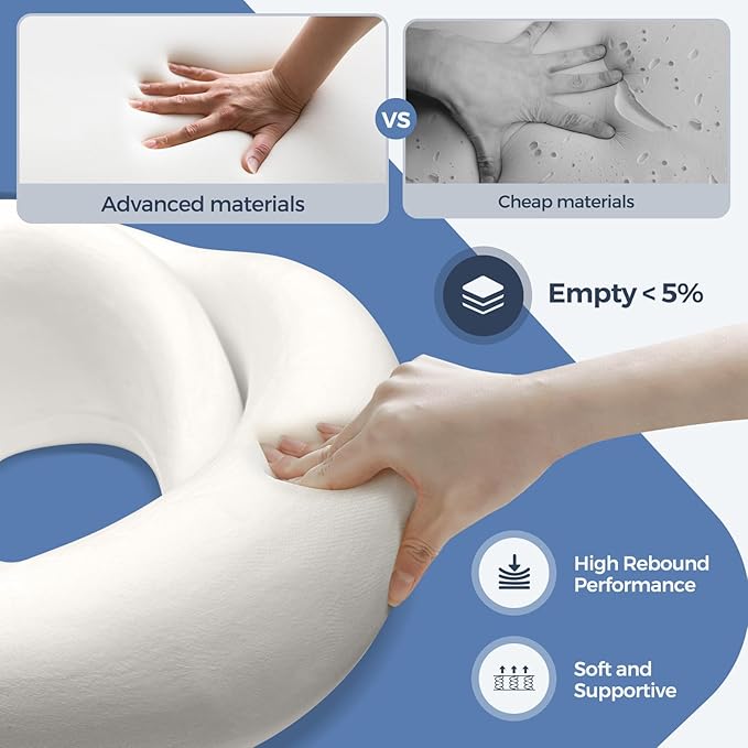 Travel Neck Pillow with 100% Pure Memory Foam, G-Shape, Includes Eye Mask & Ear Plugs, Ergonomic Design for Airplane, Car & Office, etc, Beige Gray