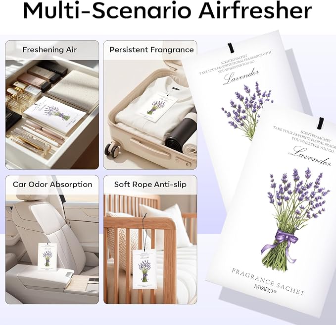 MYARO 12 Pack Lavender Scented Sachets | Odor Eliminator & Air Freshener for Drawer, Closet, Car, Shoes, Gym Bag, Suitcase | Home Fragrance Gift Set
