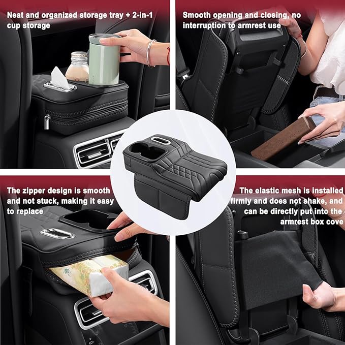 Car Armrest Storage Box for Cadillac SRX 2004–2016 2013 2014 2015, Sport-Style Center Console Organizer with Side Pocket, PU Leather Armrest Cushion, Elbow Support Pad,C Grey