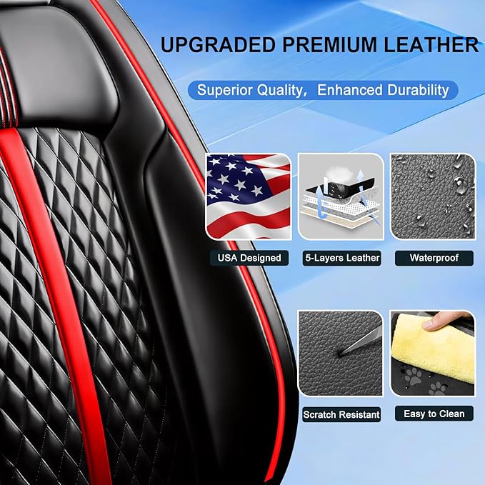 Fit CX-30 Car Seat Covers (Front Pair) for Select Mazda CX30 2020-2025 - Premium Full Coverage Leather, Airbag Compatible, Luxury Waterproof & All Weather Breathable Seat Protector, Red Trim