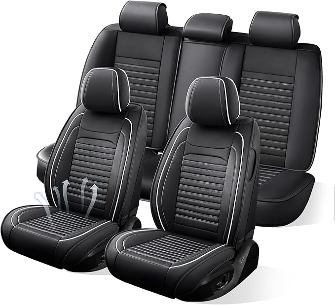 Truck Seat Covers Full Set Fit for Toyota Tacoma 2001-2026, Premium Faux Leather Car Seat Protector, Breathable, Anti-Slip, Comfortable & Durable (Black&White,Full Set)