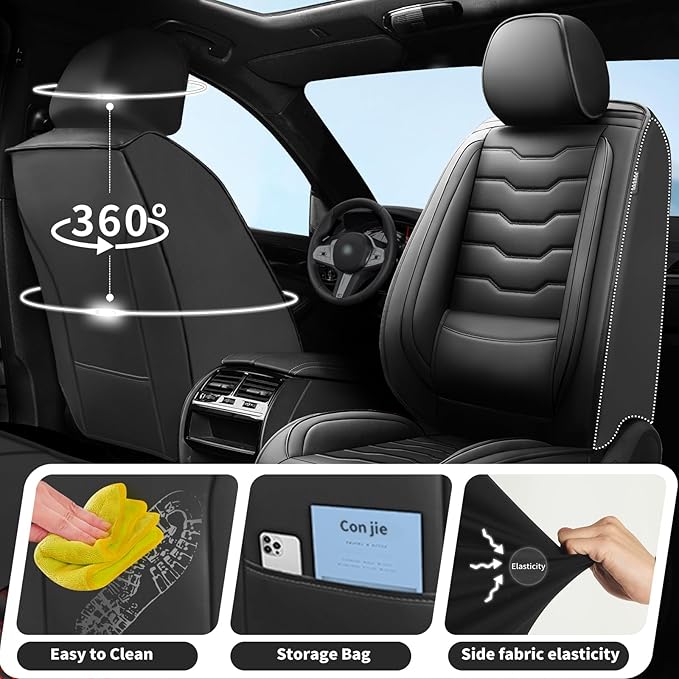 Fit Leaf Car Seat Covers Compatible with Nissan Leaf 2012-2025 2026 - Full Set Premium Leather， Waterproof Breathable， All-Weather Seat Cushion Protecto&Airbag Compatible（Full Set,Black