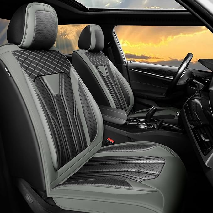 Fit Murano Car Seat Covers Compatible with Nissan Murano 2004-2025 2026 - Full Set Premium Leather， Waterproof Breathable， All-Weather Seat Cushion Protecto&Airbag Compatible （Gray & Black