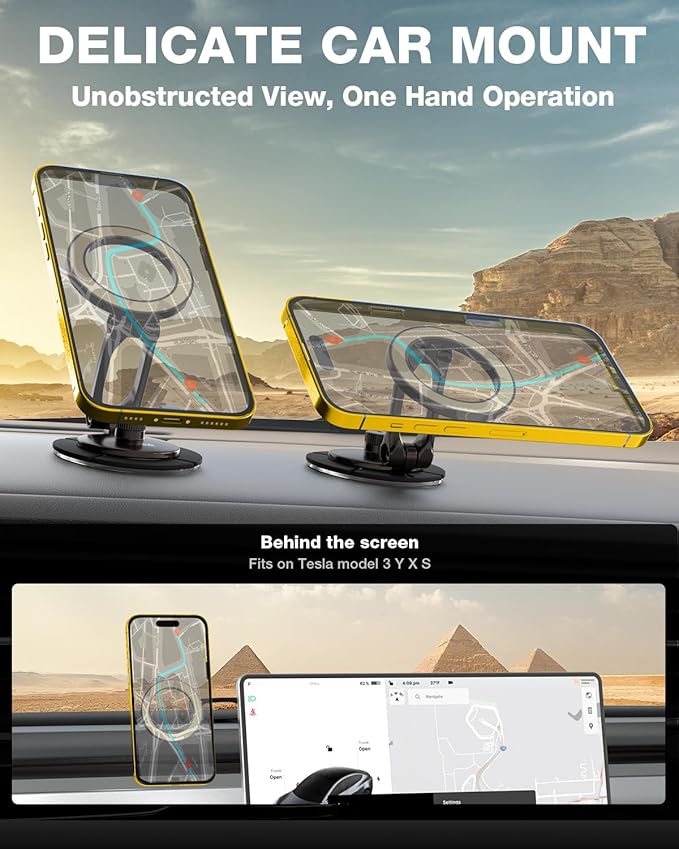 Smolink Tesla Phone Mount, All Metal Strong Magnet Magnetic Phone Holder for Car Dashborad and Tesla Model 3/Y/S/X, Foldable Hidden for MagSafe Car Mount Fit for iPhone All Phones, Beige