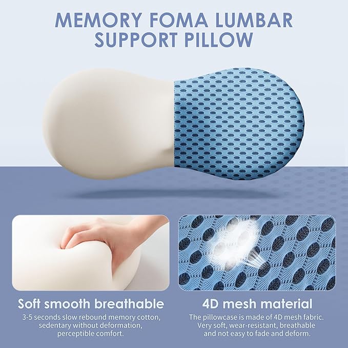 Lumbar Support Pillow, Back Pillow for Low Back Pain Relief, Ergonomic Streamline Car Seat, Office Chair, Recliner and Bed (Blue)