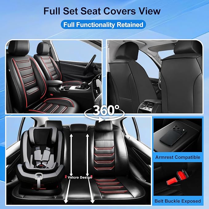 Fit Malibu Car Seat Covers for Select Chevrolet/Chevy Malibu 2009-2025, Full Coverage Leather, Airbag Compatible, Waterproof & All Weather Seat Cushion Protector, Full Set, Black with Red Trim