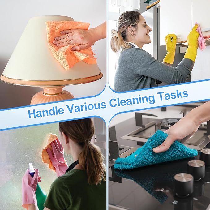 HARFINGTON 4 Pack Microfiber Cleaning Cloth, 12" x 12" Multi-Functional Cleaning Towels Reusable Absorbent Rags with Hook for Car Wash Kitchen Household Window Clean, Sapphire Blue
