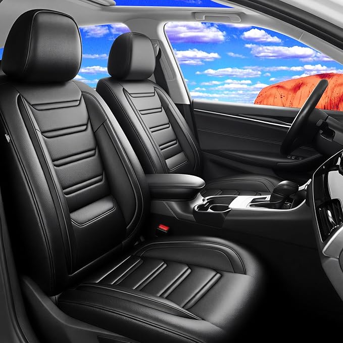 Fit Malibu Car Seat Covers for Select Chevrolet/Chevy Malibu 2009-2025 - Full Coverage Leather, Airbag Compatible, Waterproof & All Weather Seat Cushion Protector, Full Set, Black