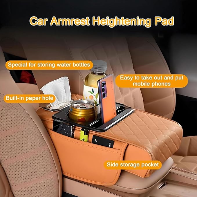 Car Armrest Cushion for Toyota Corolla X E140, E150 2006 2007 2008 2009 2010 2011 2012, Car Center Console Cover Armrest Pad with Cup Holder and Tissue Box, Car Accessories,Beige