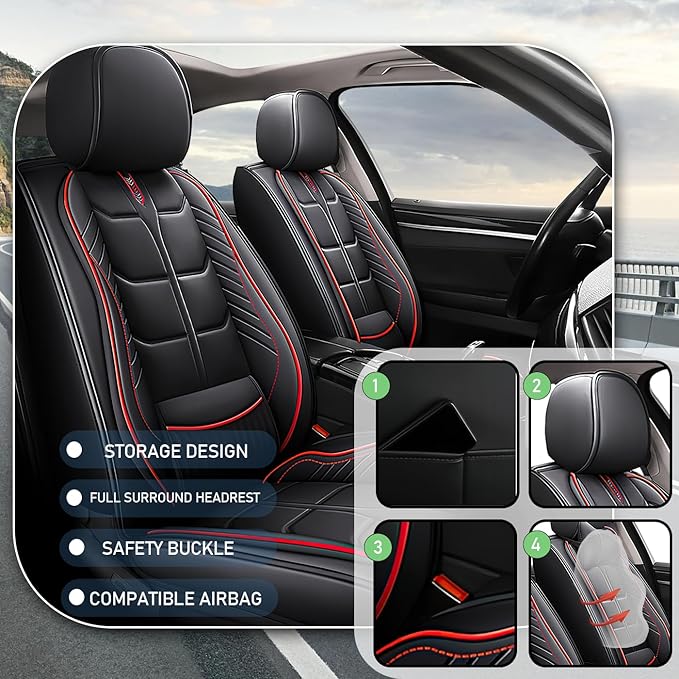 Leather Car Seat Covers Fit for Toyota Matrix 2003-2013, 5 Seater Car Seat Cover, Premium Waterproof, Scratch Resistant Car Interior Accessories (Full Set Black Red)