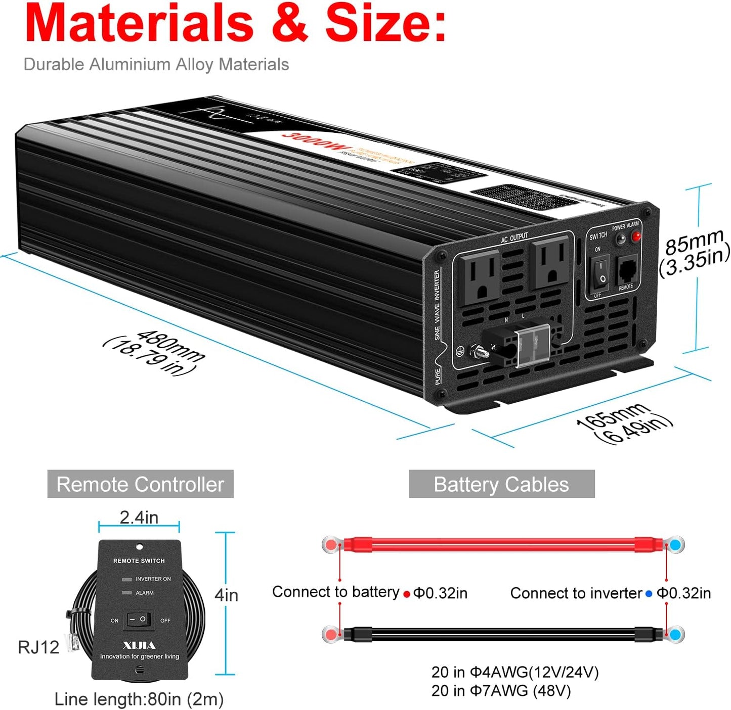 DC 12v AC 120V 60HZ Pure sine Wave 3000w Solar Power Inverter with Remote Switch&Soft Start for Home (DC12V (Range 10V-15V) 3000W)…