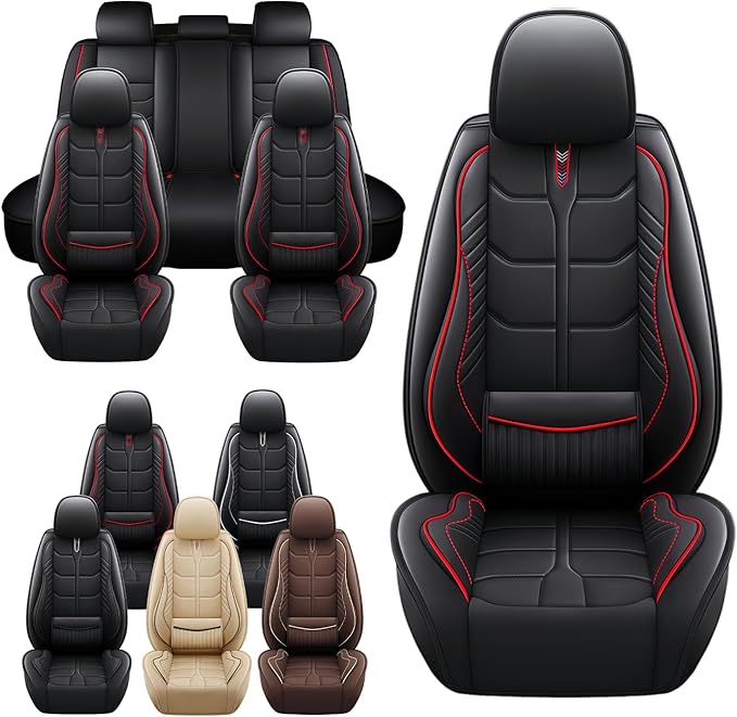 Leather Car Seat Covers Fit for Toyota 4Runner 1991-2024, 5 Seater Car Seat Cover, Premium Waterproof, Scratch Resistant Car Interior Accessories (Full Set Black Red)