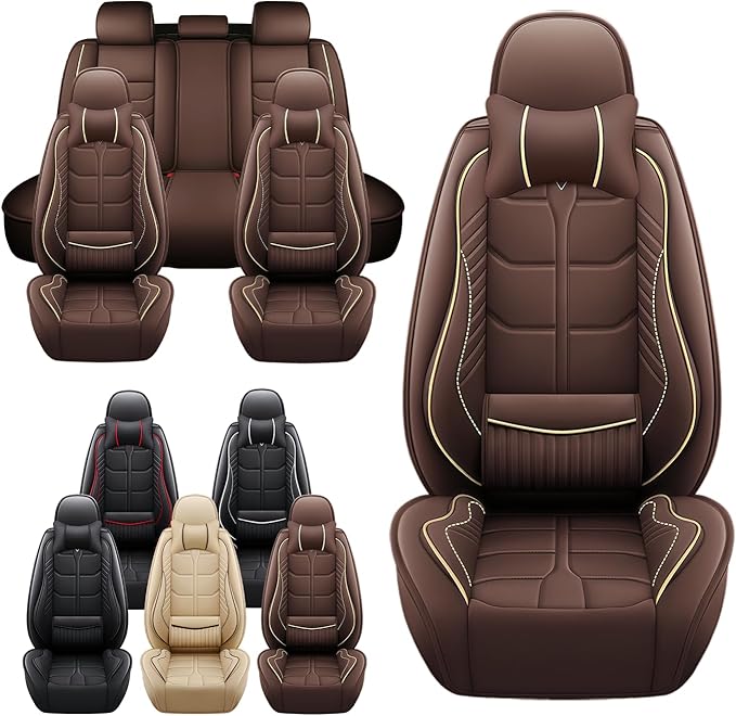 Leather Car Seat Covers Fit for Toyota Sequoia 2001-2024, 5 Seater Car Seat Cover, Premium Waterproof, Scratch Resistant Car Interior Accessories (Full Set with Pillow Coffee)