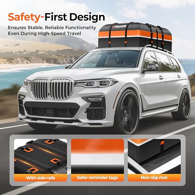 Truckiipa Car Rooftop Cargo Carrier Bag, 20 Cubic Feet Waterproof Roof Cargo Carrier Bag, Soft Shell Car Top Cargo Box for All Vehicles with/Without Racks, Anti-Slip Mat, Door Hooks, Luggage Lock