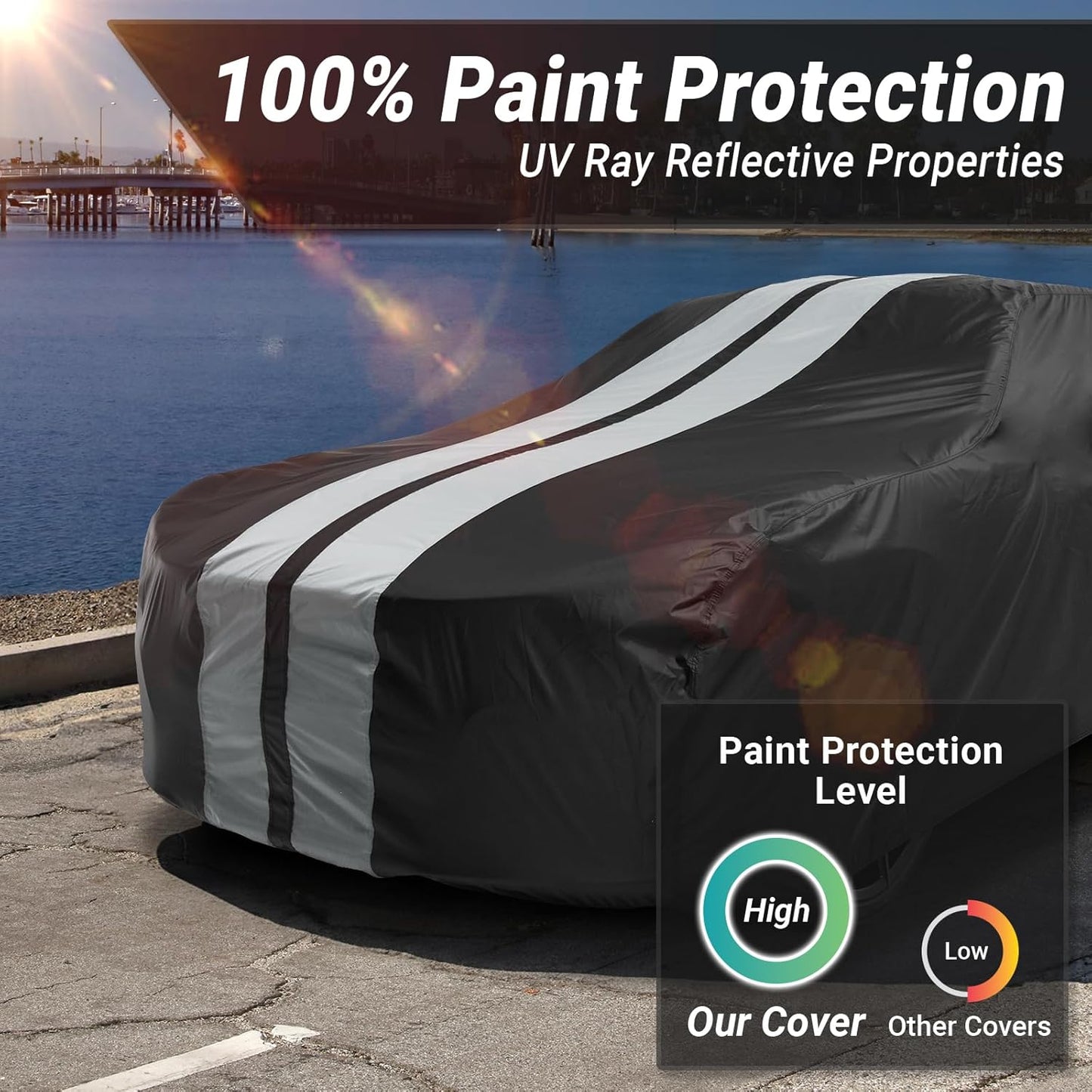 iCarCover Custom Car Cover for Pontiac Ventura II (1971-1977) Waterproof All-Weather Rain Snow UV Sun Protector Full Exterior Indoor Outdoor Car Cover (Stripe - Black/Gray)
