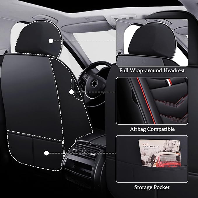 Car Seat Cover for Ford Explorer 2000-2025, Waterproof Durable Compatible Airbag, Premium Leather Seat Protector(5 Seats Standard,Black Red)