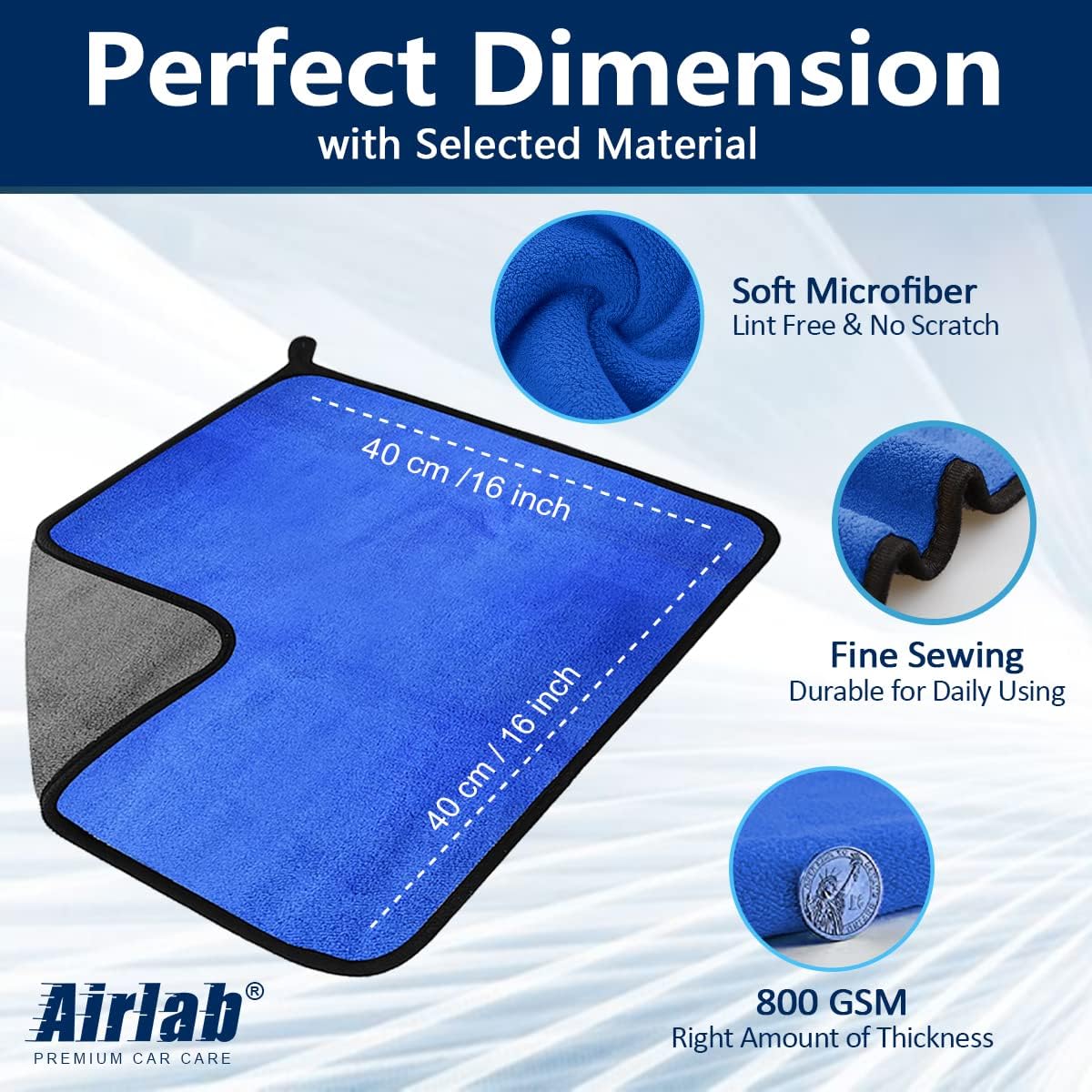 Airlab Microfiber Towels for Cars Wash Drying Thick Plush Cleaning Cloth Auto Detailing Super Absorbent for Interior & Exterior Lint Free, Streak Free, 16" X 16", 800 GSM, Pack of 4