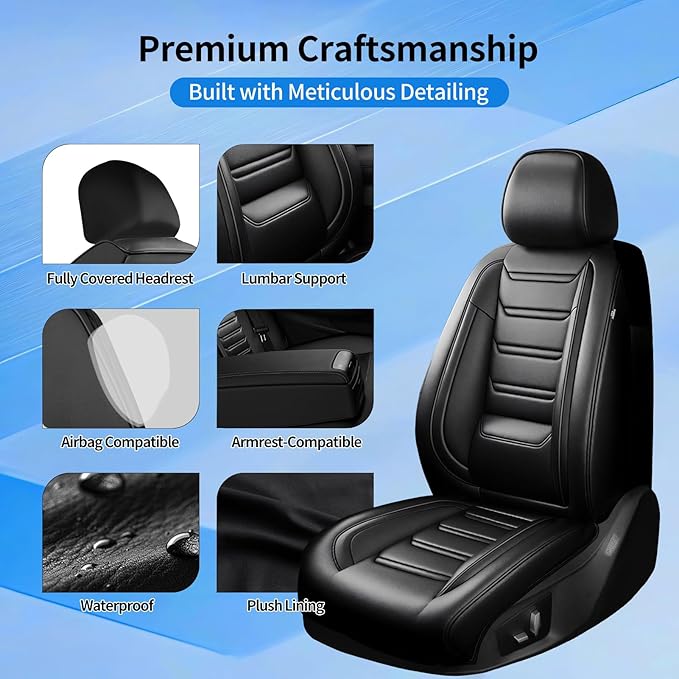 Fit Cruze Car Seat Covers (Front Pair) for Select Chevrolet/Chevy Cruze 2011-2019 - Premium Full Coverage Leather, Airbag Compatible, Waterproof & All Weather Seat Cushion Protector, Black