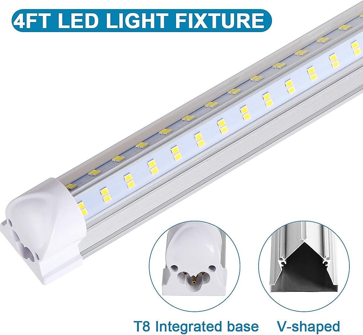 4 Pack 4FT LED Shop Light Fixture, 72W 9500LM 5000K, Daylight White, 4 Row V Shape, Clear Cover, Hight Output, Linkable Shop Lights, T8 LED Tube Lights, 4 LED shop lights for garage 4 foot with plug