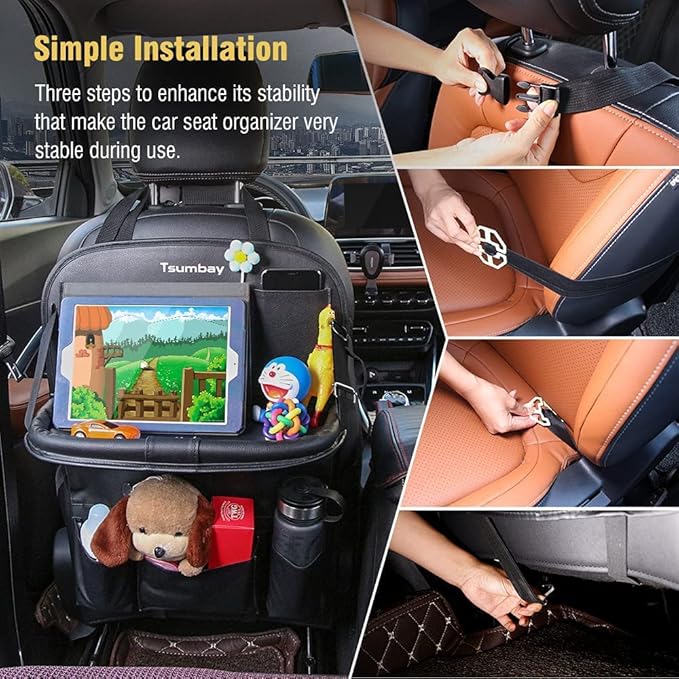 Tsumbay Car Backseat Organizer with Tablet Holder,9 Storage Pockets Foldable Table Tray Seat Back Protectors Kick Mats -PU Leather 1Pck