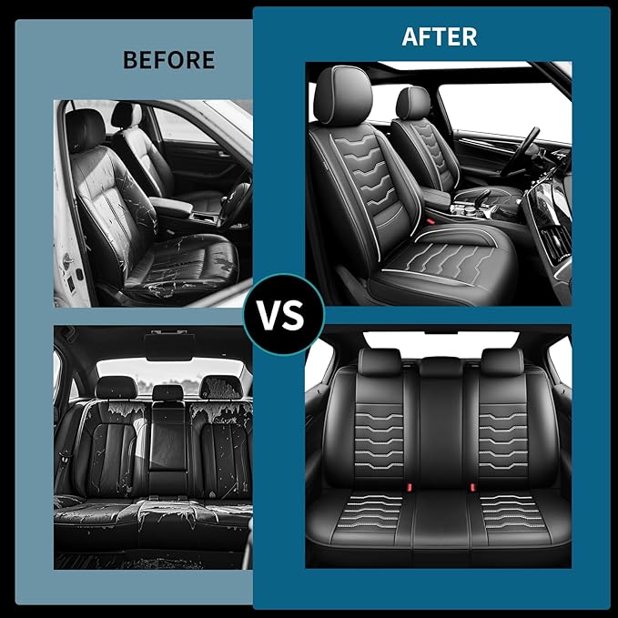 Fit Frontier Car Seat Covers Premium Leather for Nissan Frontier 2009-2025 2026. Waterproof， Breathable, Scratch-Resistant & All-Weather Seat Cushion Protector（Front Seat,White Line Black