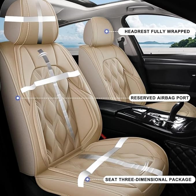 AOMSAZTO Car Seat Covers 2 Front Seats Custom Fit for Chevrolet/Chevy Traverse 2018-2026 Leather Car Seat Cover Seat Cushion Protector Airbag Compatible Waterproof Beige