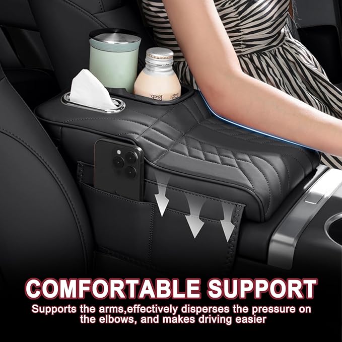 Car Armrest Storage Box for Cadillac XT4 2018–2025 2020 2021 2022 2023 2024, Sport-Style Center Console Organizer with Side Pocket, PU Leather Armrest Cushion, Elbow Support Pad,A Black
