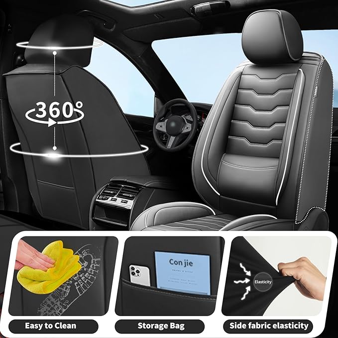 Fit Kona Car Seat Covers for Select Hyundai Kona 2018-2025 2026. Premium Leather, Waterproof， Breathable, Scratch-Resistant & All-Weather Seat Cushion Protector (Front Pair,White Line Black)