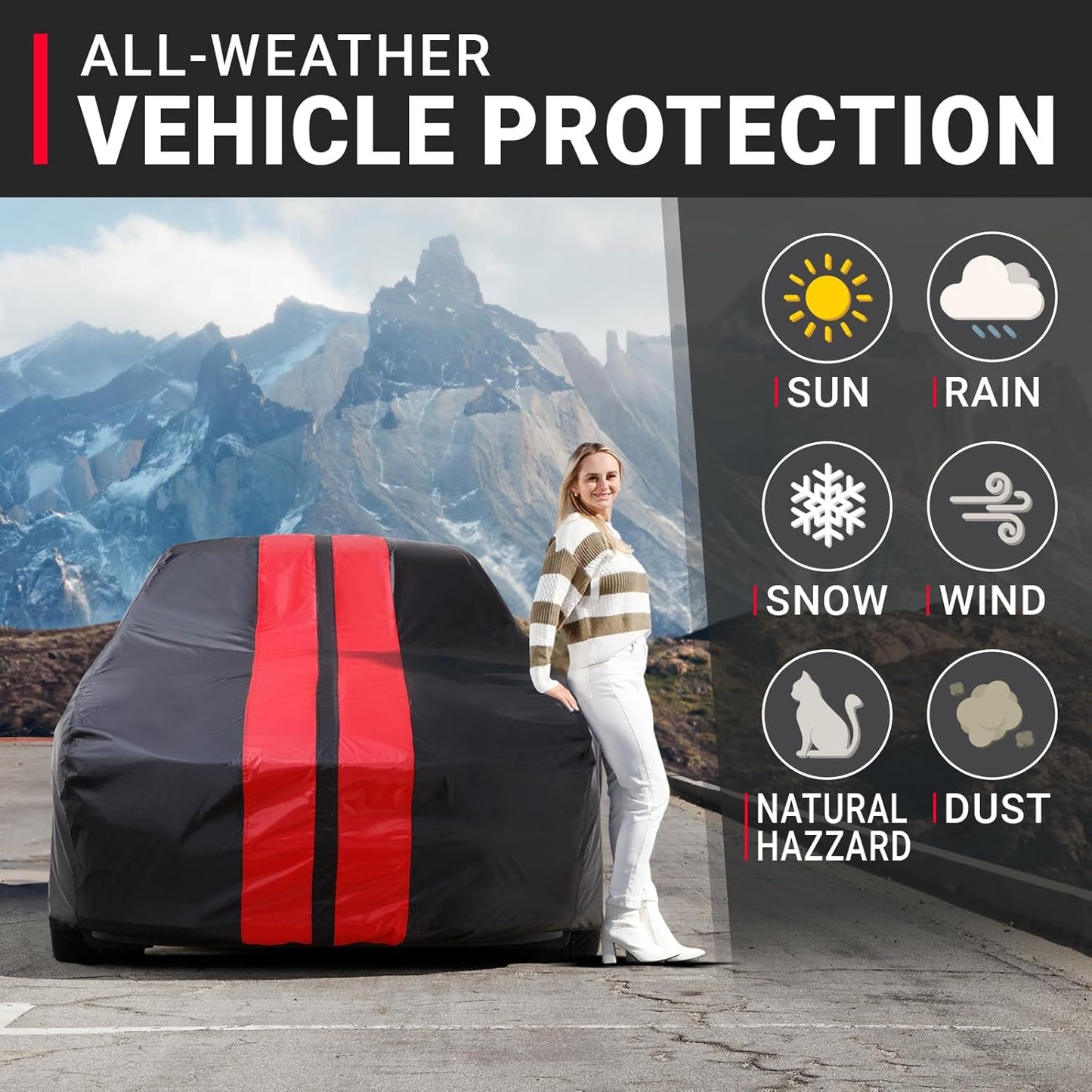 iCarCover Custom Car Cover for Pontiac GTO (1968-1972) Waterproof All-Weather Rain Snow UV Sun Protector Full Exterior Indoor Outdoor Car Cover (Stripe - Black/Red)