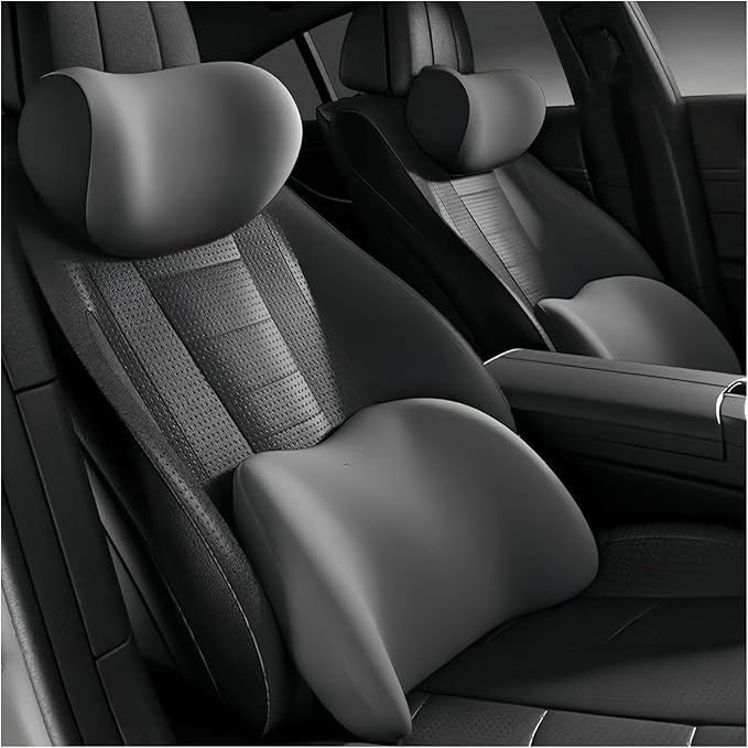 Car Lumbar Support Pillow and Car Neck Pillow Kit for Ford Bronco Sport 2021 2022 2023 2024 2025 2026, Car Seat Neck Back Rest Pillows, Ergonomic Car Seat Headrest & Lumbar Cushion,B Grey