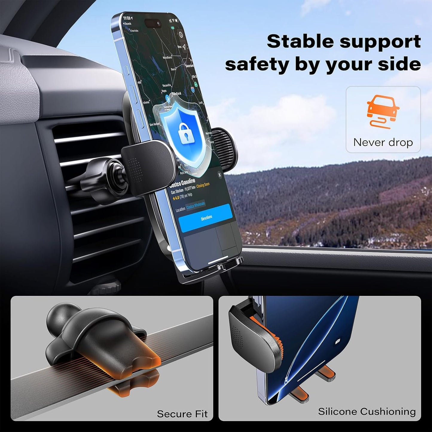 APPS2Car Suction Cup Phone Mount, Windshield/Dashboard/Air Vent Car Phone Holder Mount with Sticky Gel Pad, Compatible with iPhone, Samsung, All Cellphone, Thick Case Friendly