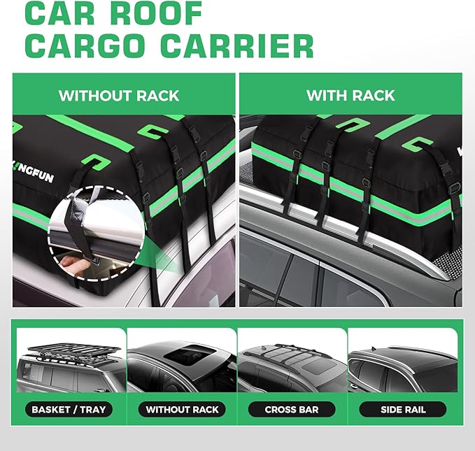 Kingfun Rooftop Cargo Carrier – Waterproof 21 Cubic Feet Car Roof Bag Fit All Vehicles with/Without Roof Rack, Includes Anti-Slip Mat, 8 Reinforced Straps & 6 Door Hooks, Lashing Straps, Luggage Locks