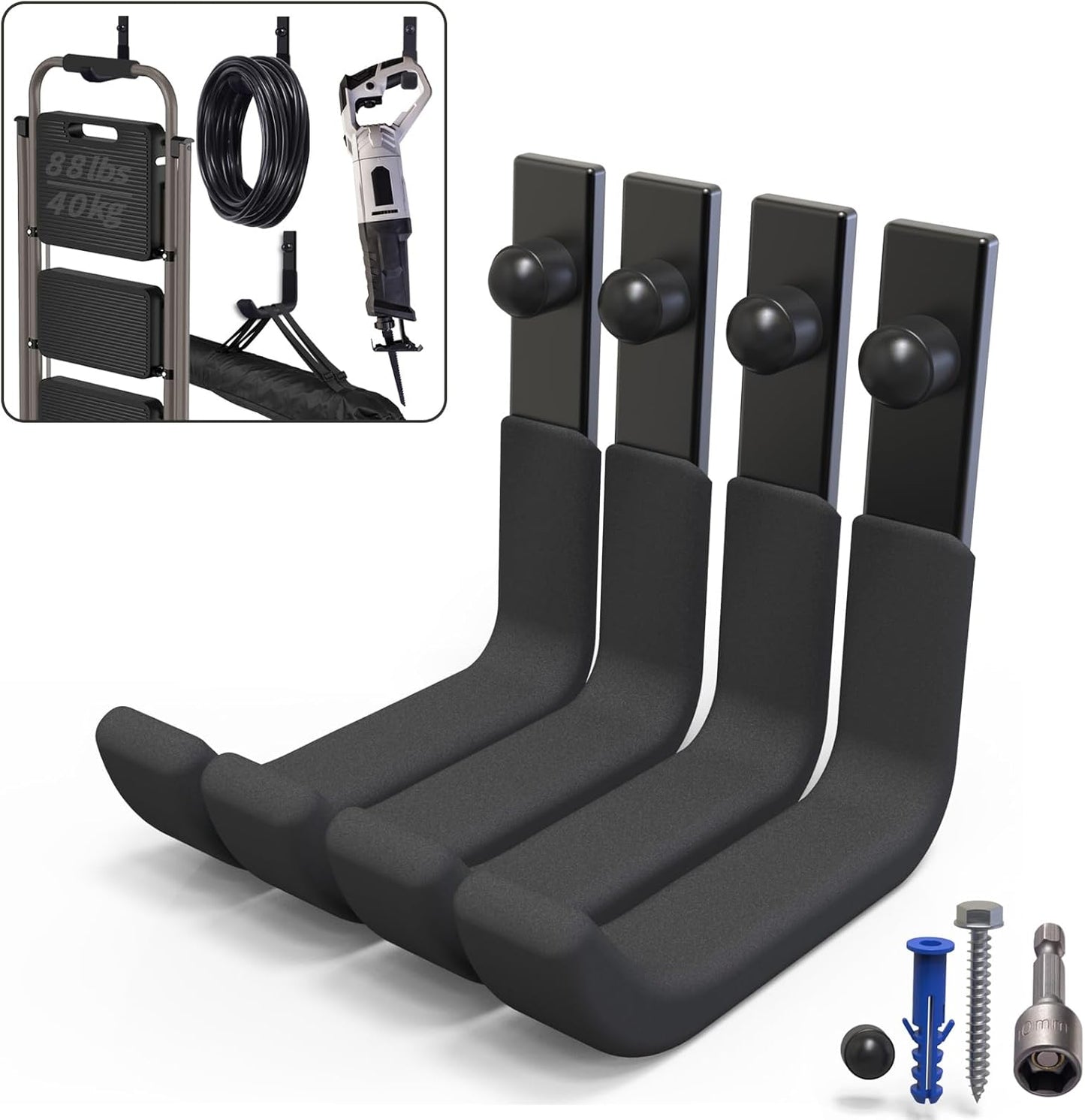 4 Pack Garage Storage Hooks, Ladder Hangers, Steel Wall Mount Hooks, Utility Hooks for Hanging Heavy Duty Shed Tools, Ropes, Garden Hoses, Shovel, Bulk Items, etc.（88lbs, 4Inch）