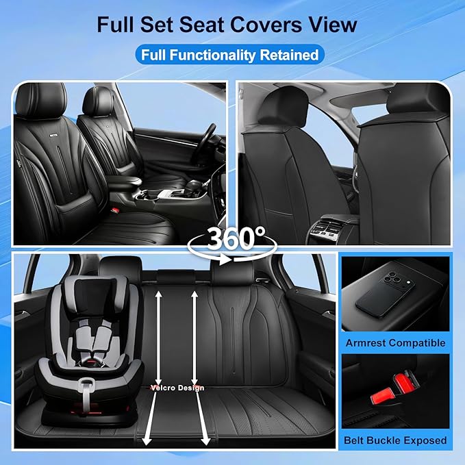 Fit HR-V Car Seat Covers (Front Pair) for Select Honda HRV 2016-2025 2026 LX/EX/EXL/Sport - Full Coverage Leather, Airbag Compatible, Breathable Waterproof & All Weather Seat Protector, Black