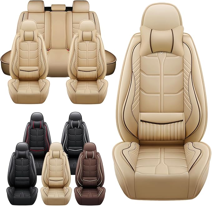 Leather Car Seat Covers Fit for Toyota Sienna 1997-2024, 5 Seater Car Seat Cover, Premium Waterproof, Scratch Resistant Car Interior Accessories (Full Set with Pillow Beige)