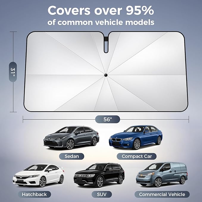 Upgraded Windshield Sun Shade Umbrella – Thickened Silver Titanium Coating, UV Protection for Car Front Window, Block Sun Rays & Keep Interior Cool, Reinforced Spring Edge, Universal Fit, 56"L x 31"W