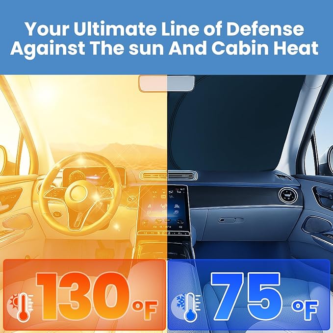 Windshield Sun Shade for Nissan Rogue 2021 2022 2023 2024 2025 2026 – Custom Fit Sun Shield with Mirror Cut‑Out, Blocks Heat & UV, Foldable with Storage Pouch - Nissan Rogue Windshield Sunshade