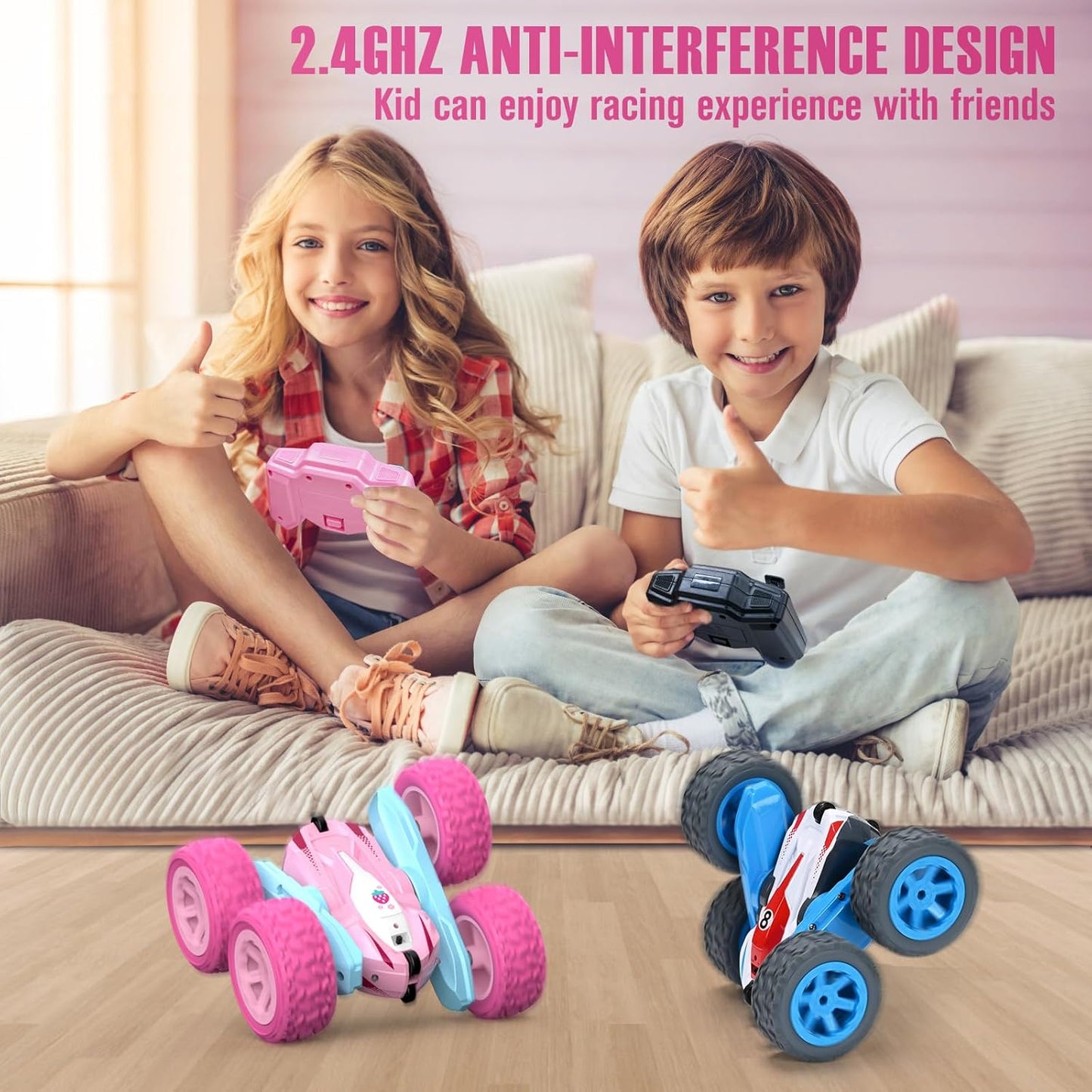 Remote Control Car, Pink RC Cars for Girls, Rechargeable RC Truck, 2.4Ghz Double Sided 360° Rotating Stunt Car Toy with Headlights, Birthday Gift for Kids Age 3+