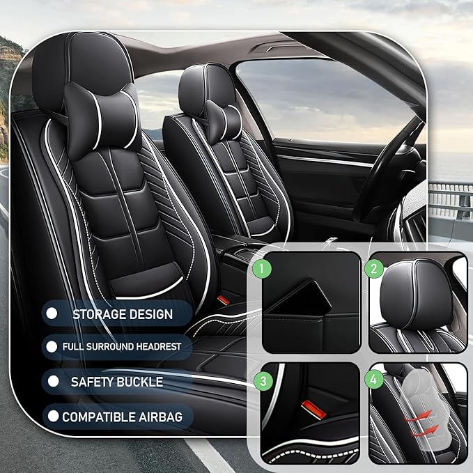 Leather Car Seat Covers Fit for Toyota Tacoma 2005-2024, 5 Seater Car Seat Cover, Premium Waterproof, Scratch Resistant Car Interior Accessories (Full Set with Pillow Black White)