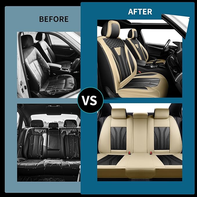 Fit Juke Car Seat Covers Compatible with Nissan Juke 2012-2015 2016 - Full Set Premium Leather， Waterproof Breathable， All-Weather Seat Cushion Protecto&Airbag Compatible （Beige & Black