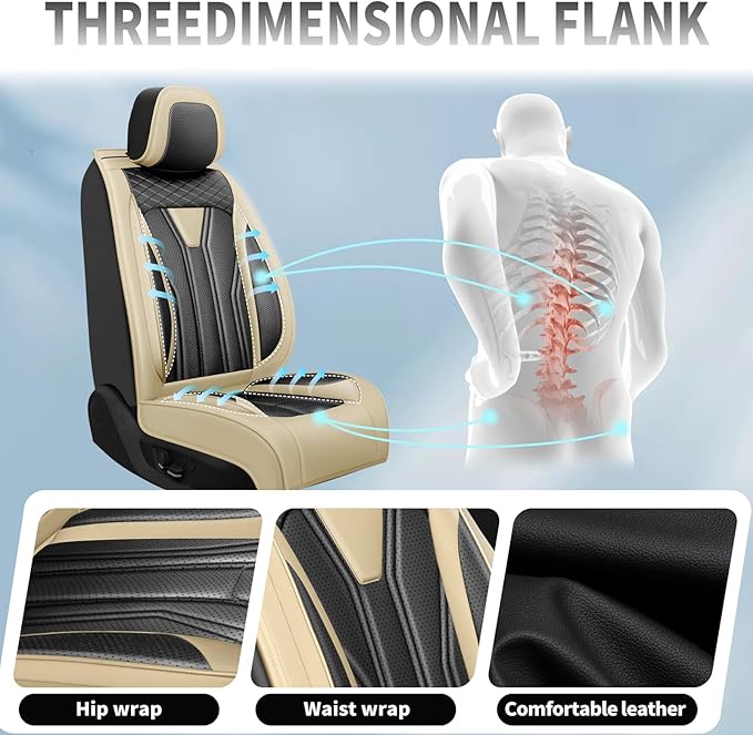 Fit Kona Car Seat Covers for Select Hyundai Kona 2018-2025 2026. Premium Leather, Waterproof， Breathable, Scratch-Resistant & All-Weather Seat Cushion Protector (Front Pair, Beige&Black)