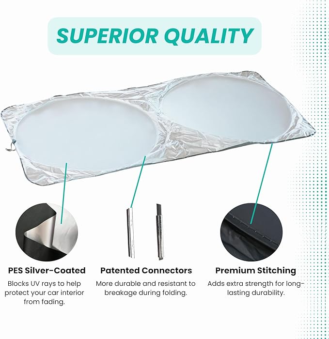Windshield Sun Shade -Certified 99.87% UVB & 99.02% UVA Car Sun Shade. Award Winning Sunshade - Patented Technology | Compatible for Dodge RAM Promaster (2014-2026) | Car Shades by Kinder Fluff